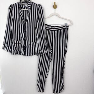 A.L.C. For Parachute Womens 100% Silk Pajama Set Size M Striped Sleep Black